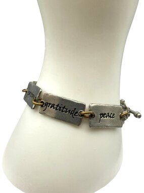 Vintage Two Tone Words Bracelet, Silver Tone and Brass Power Words Link Bangle